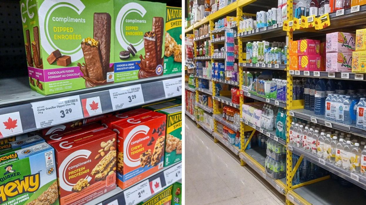 canadian flag label on grocery store shelves. right: products in grocery store aisle