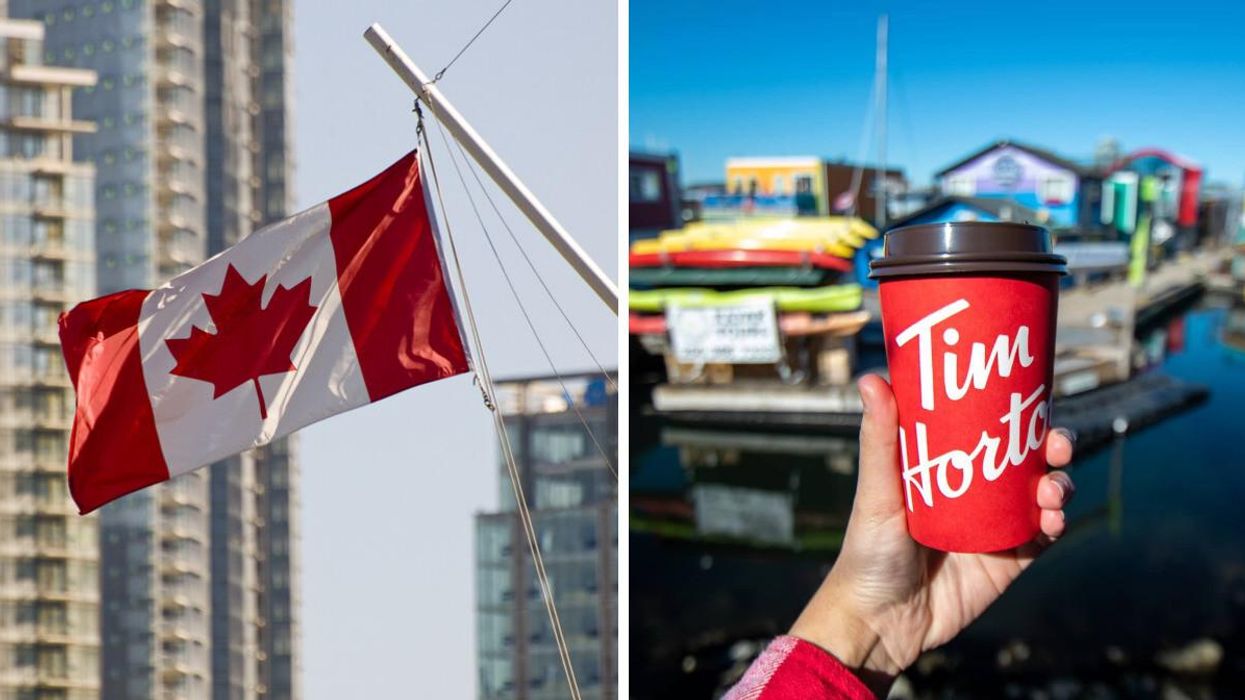 Canadian flag. Right: A hand holding a Tim Hortons cup.