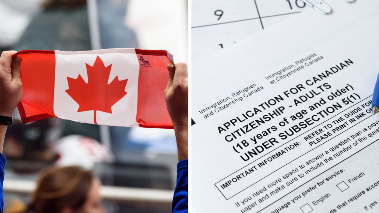 Canadian flag. Right: Application for Canadian citizenship application.