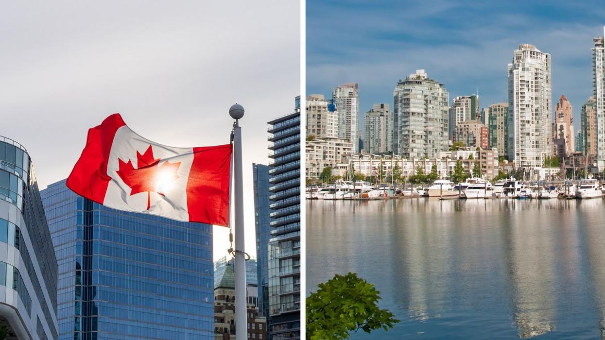 Canadian Flag. Right: Downtown Vancouver area from the water.