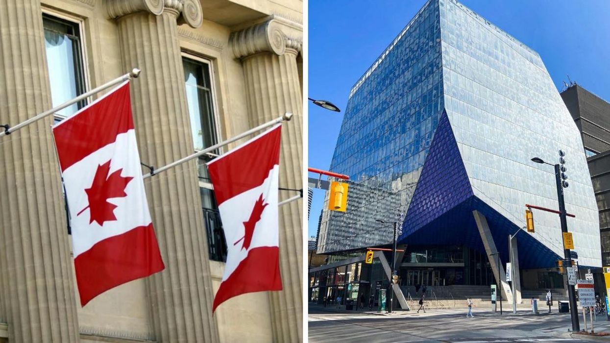 Canadian flags hang from a building. Right: The Toronto Metropolitan University campus.