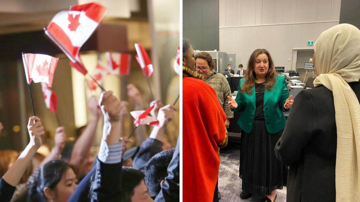 Canadian flags. Right: Senator Salma Ataullahjan with panellists.