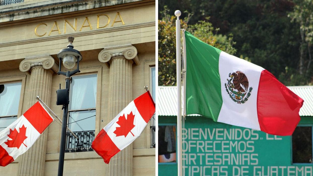 ​Canadian flags. Right: The Mexican flag. 