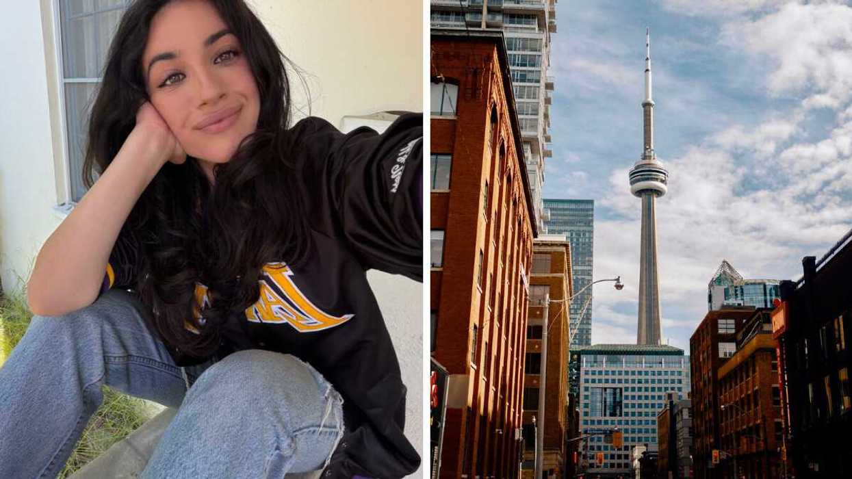 Canadian girl in black jacket and blue jeans takes smiling selfie. Right: CN Tower against blue sky in Toronto, ON.