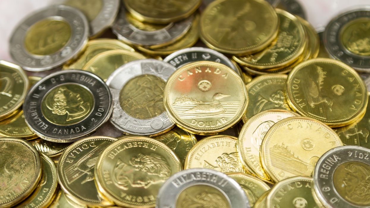 Canadian loonies and toonies in a pile.