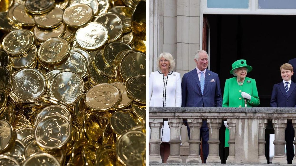 Canadian loonies featuring Queen Elizabeth II. Right: King Charles III, who was then Prince Charles, with Queen Elizabeth II at Buckingham Palace.