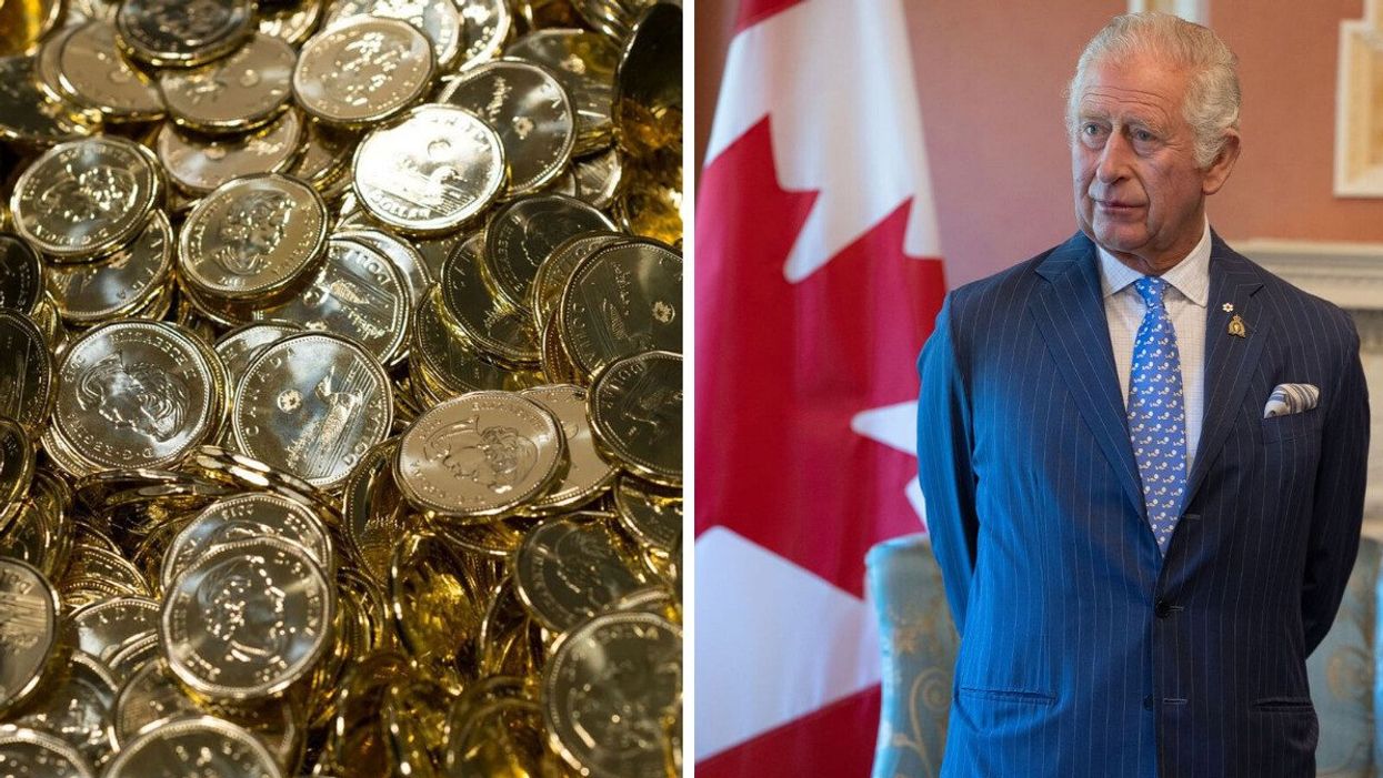 canadian loonies in a pile. right: king charles iii standing in front of a canadian flag