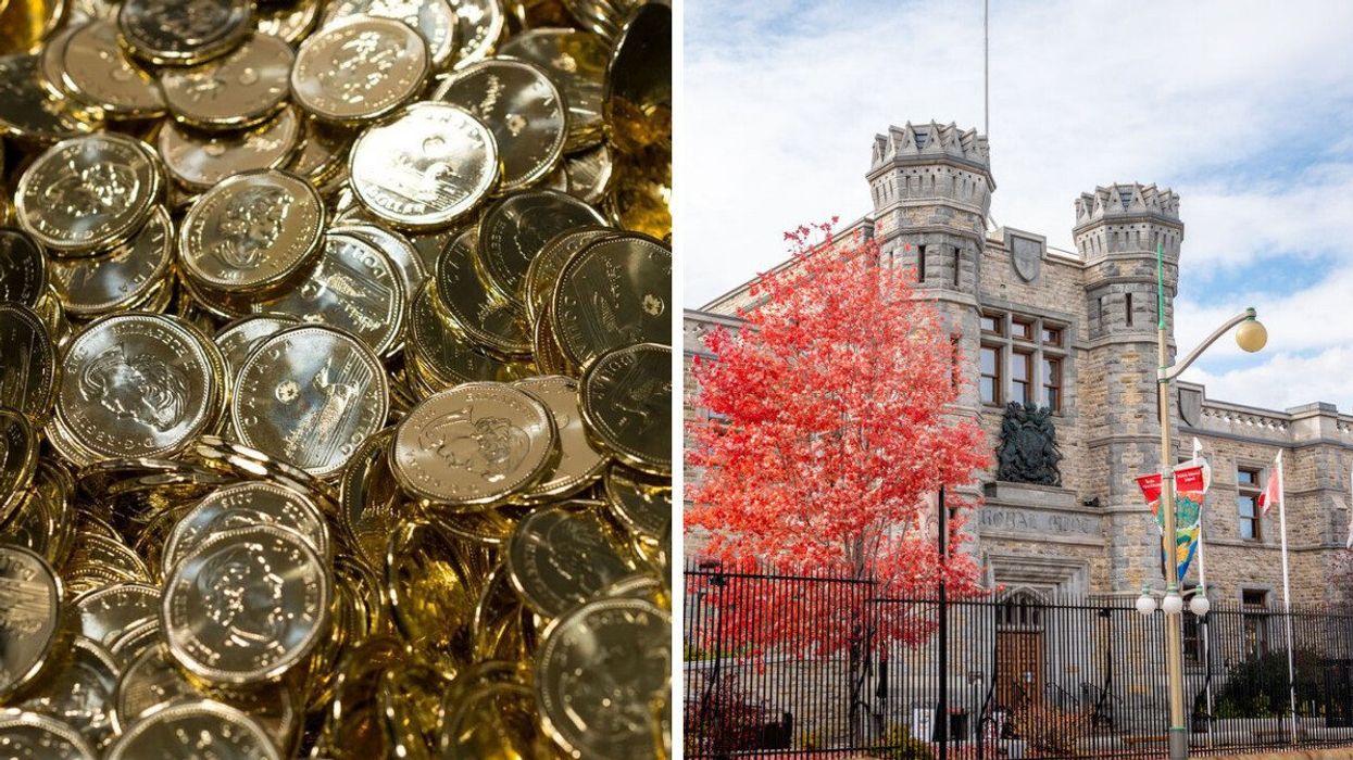 Canadian loonies in a pile. Right: Royal Canadian Mint in Ottawa.