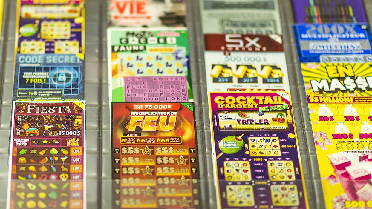 Canadian lottery tickets in a countertop display.
