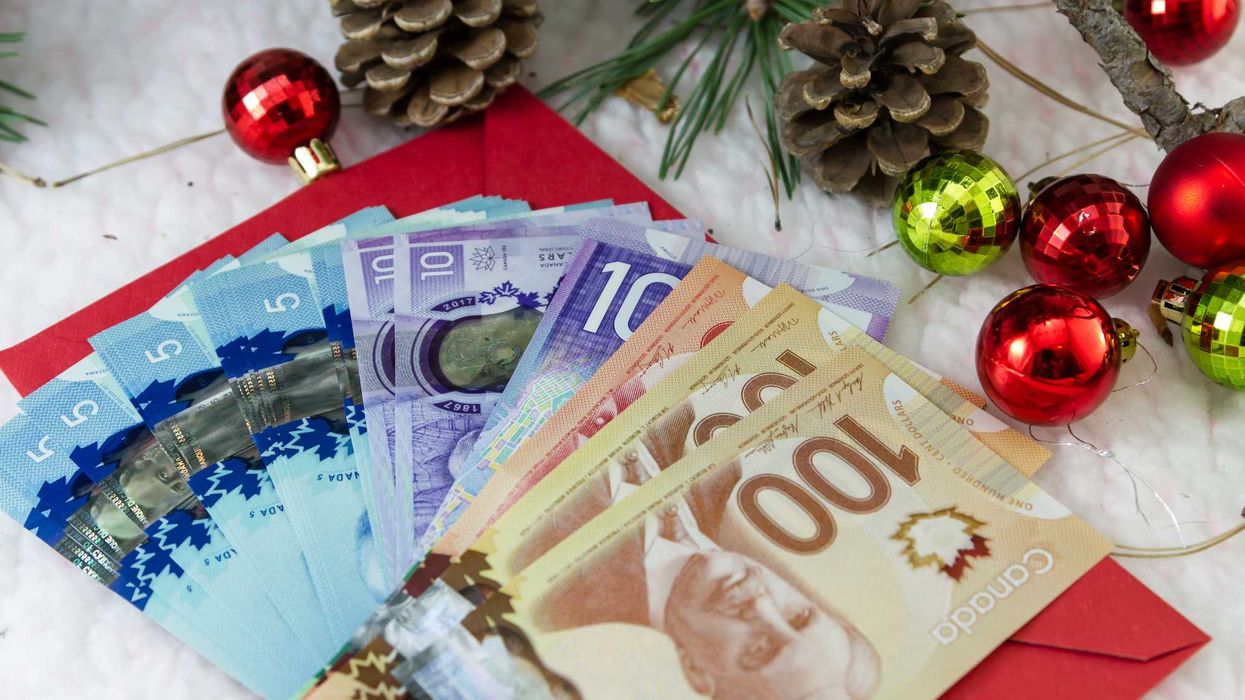 Canadian money and Christmas decorations.