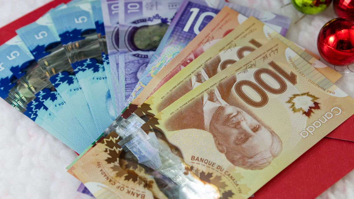 Canadian money and holiday decorations.