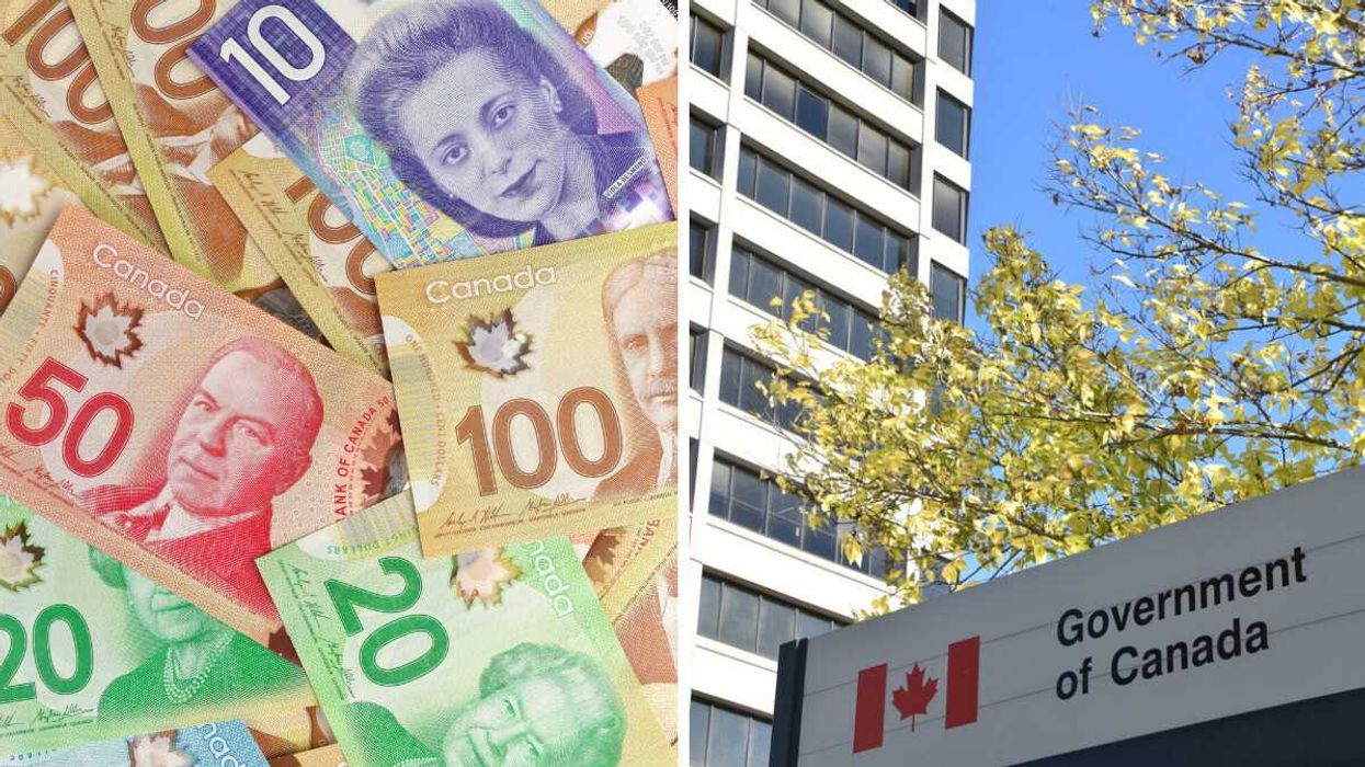 Canadian money. Right: A Government of Canada office building.