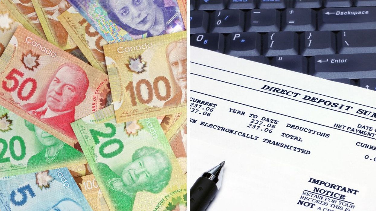 Canadian money. Right: A payroll deposit slip (illustrative).