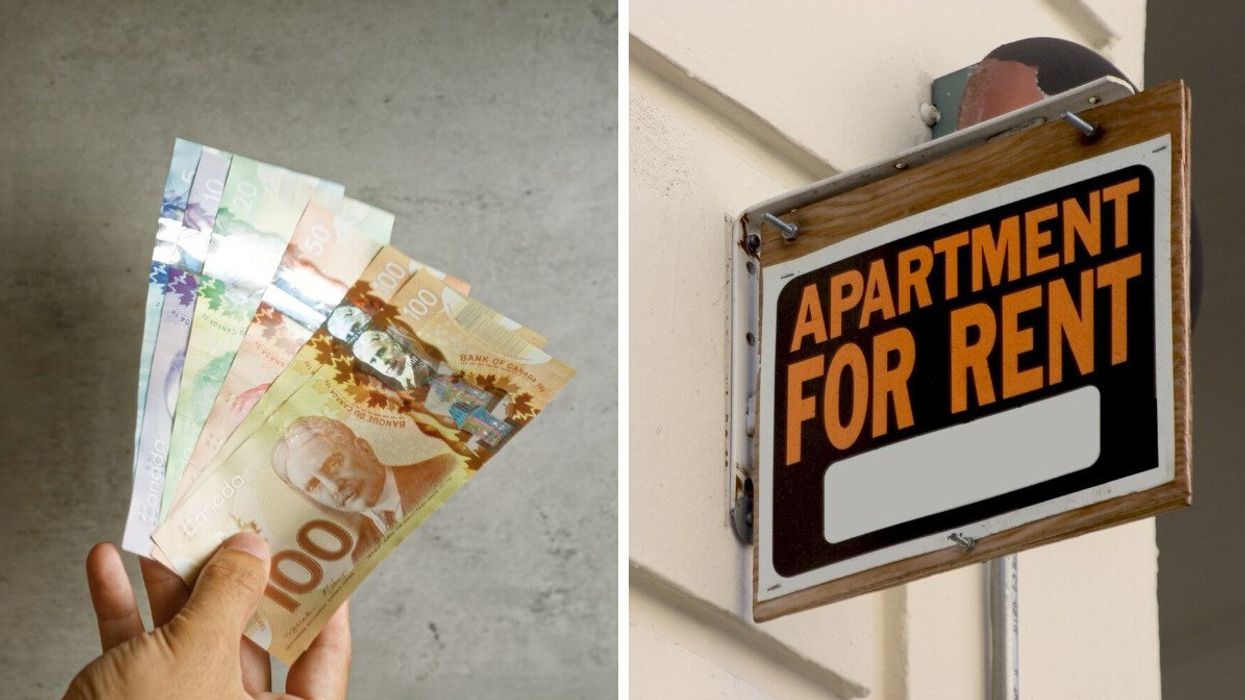Canadian money. Right: 'apartment for rent' sign.