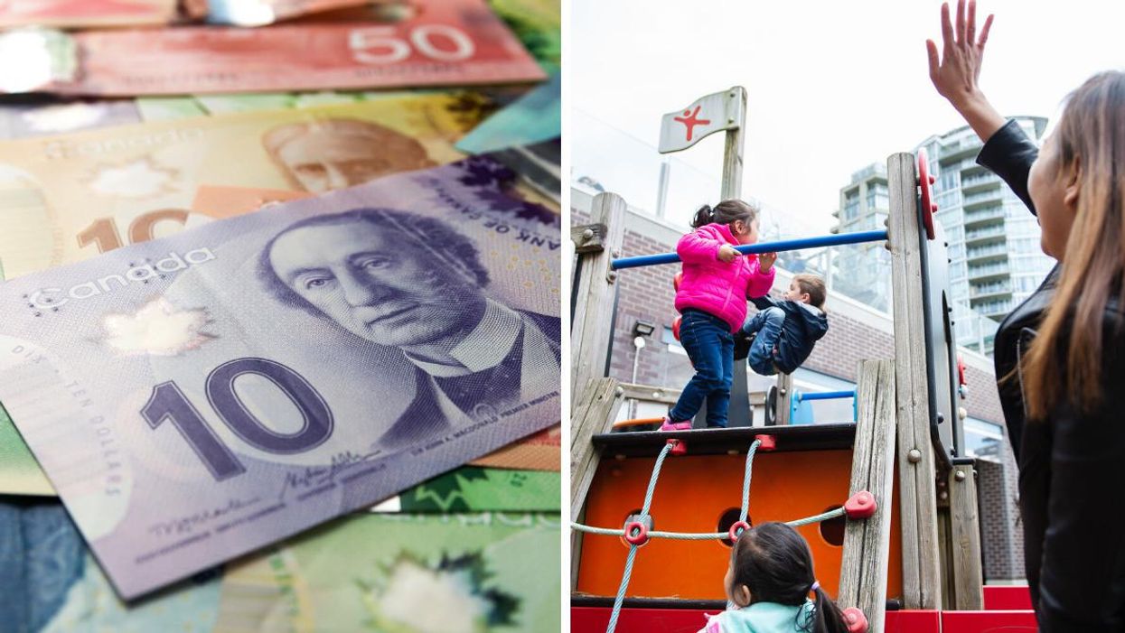 Canadian money. Right: Children climbing on equipment at a play park as a woman waves.
