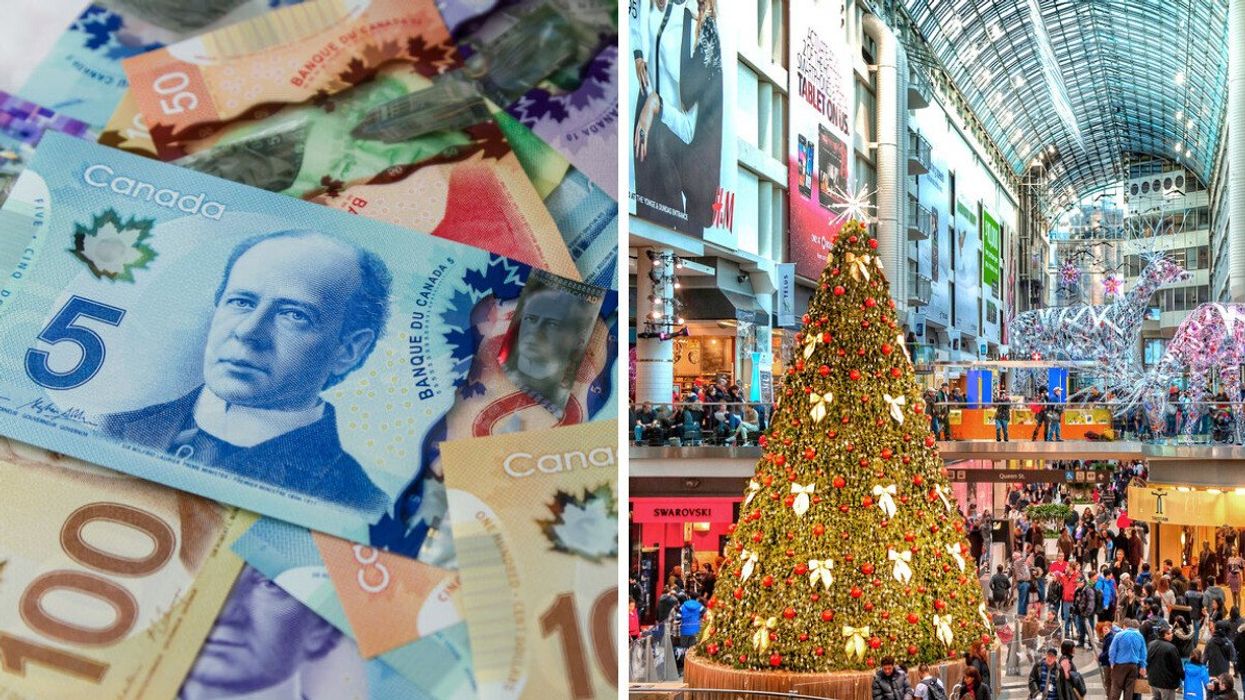 Canadian money. Right: Christmas shopping at the Toronto Eaton Centre (illustrative).