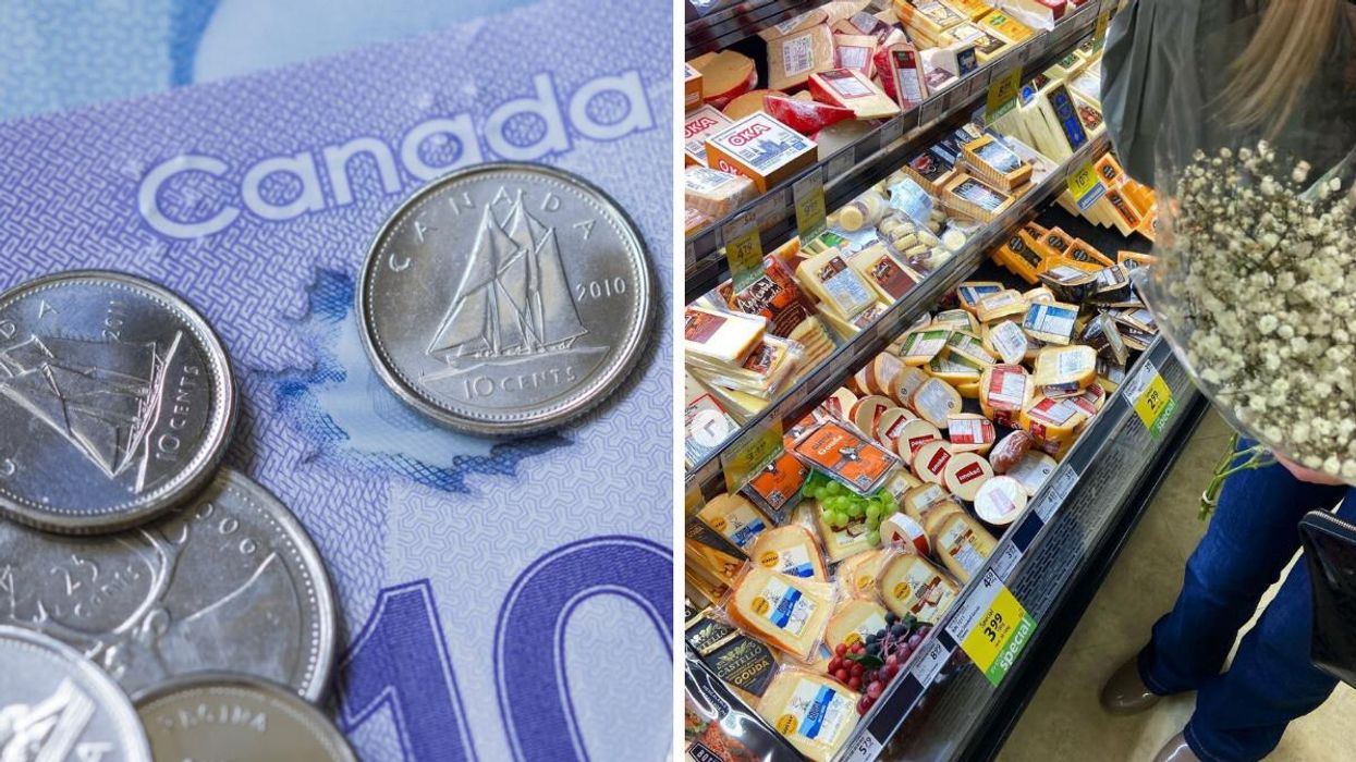 Canadian money. Right: Grocery shopping in Save-On-Foods.