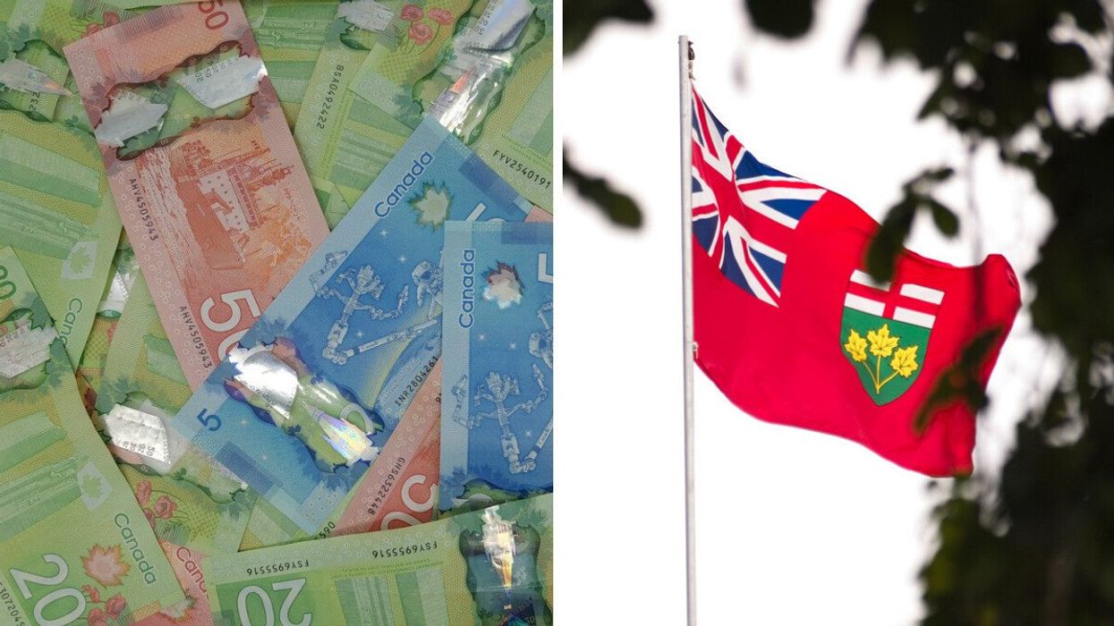 Canadian money. Right: Ontario flag (illustrative).