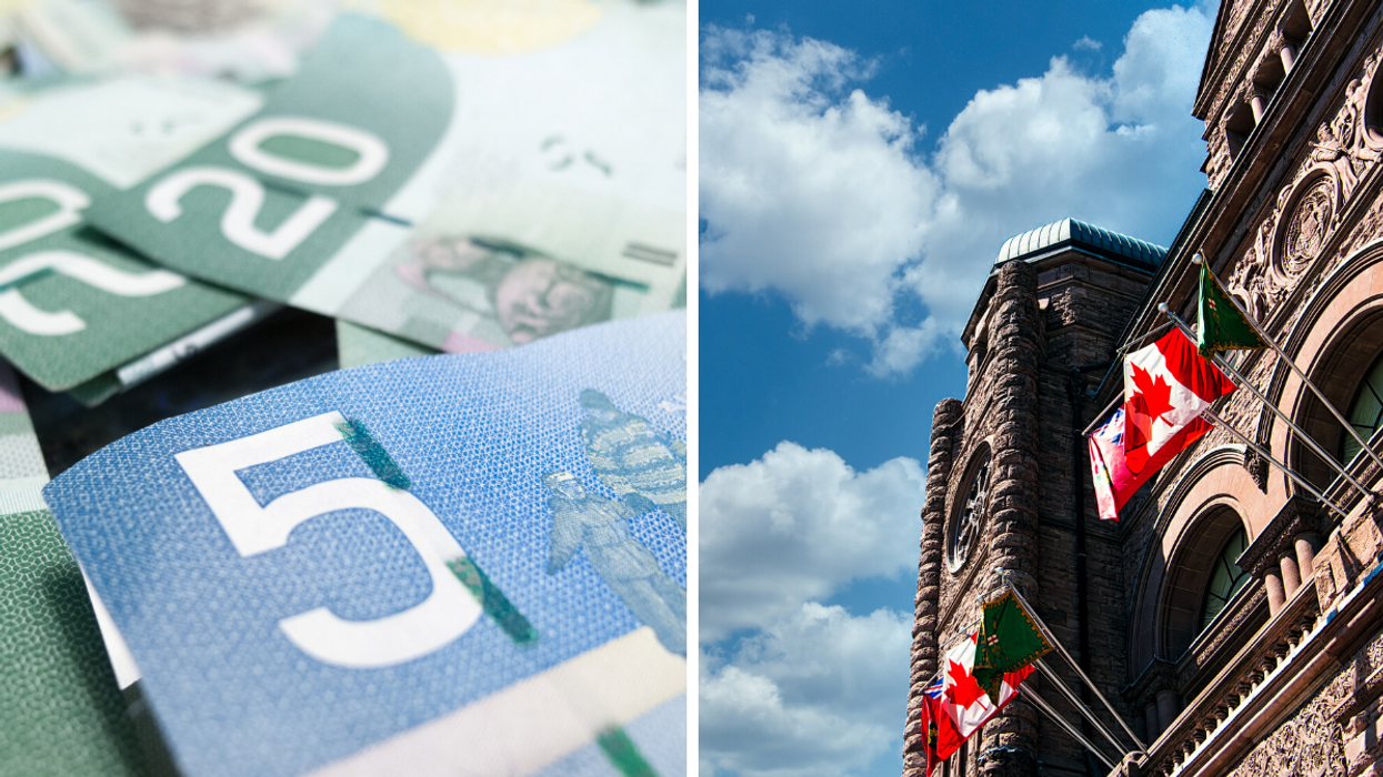 Canadian money. Right: Ontario government building.