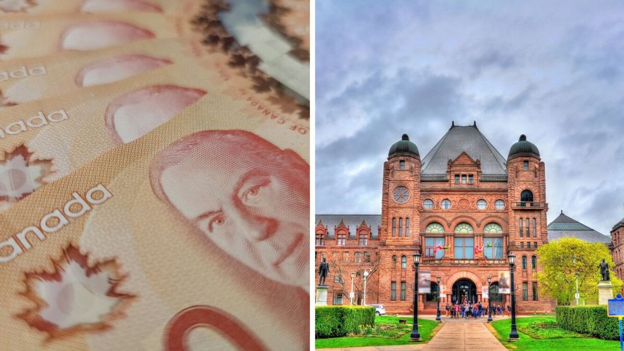 Canadian money. Right: Ontario legislature building, Queen's Park, Toronto.
