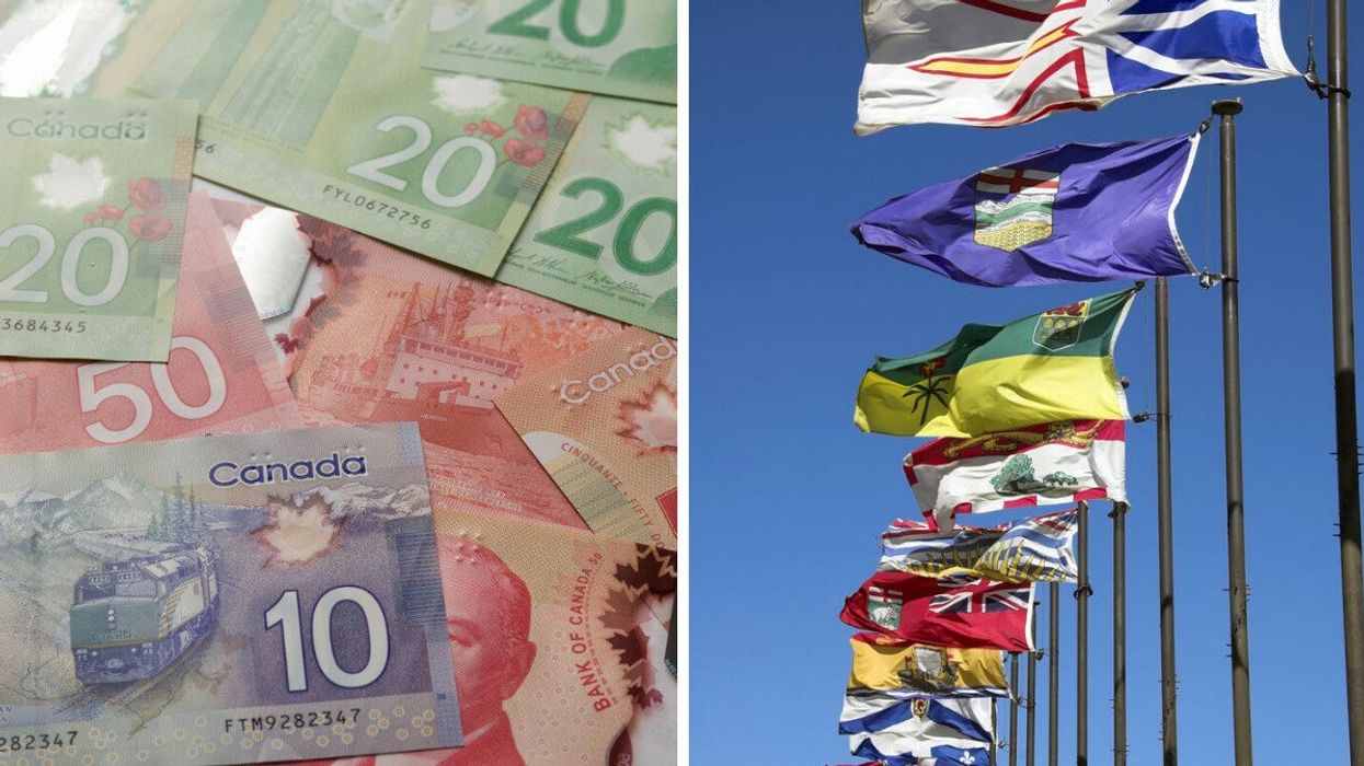 Canadian money. Right: Provincial and territorial flags of Canada.