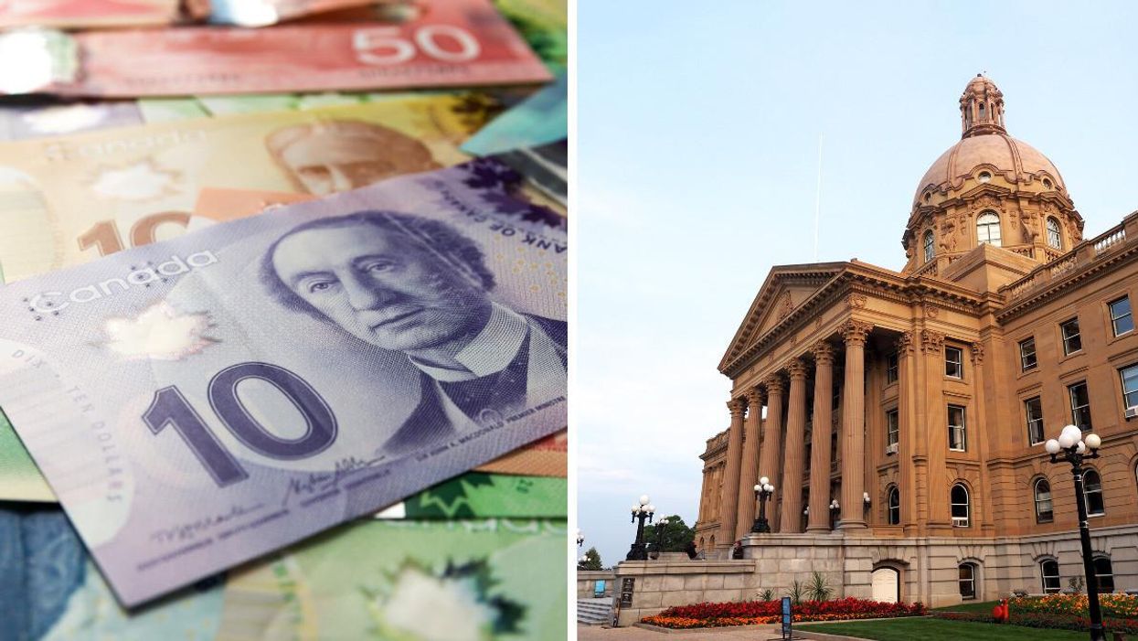 Canadian money. Right: The Alberta Legislature Building.