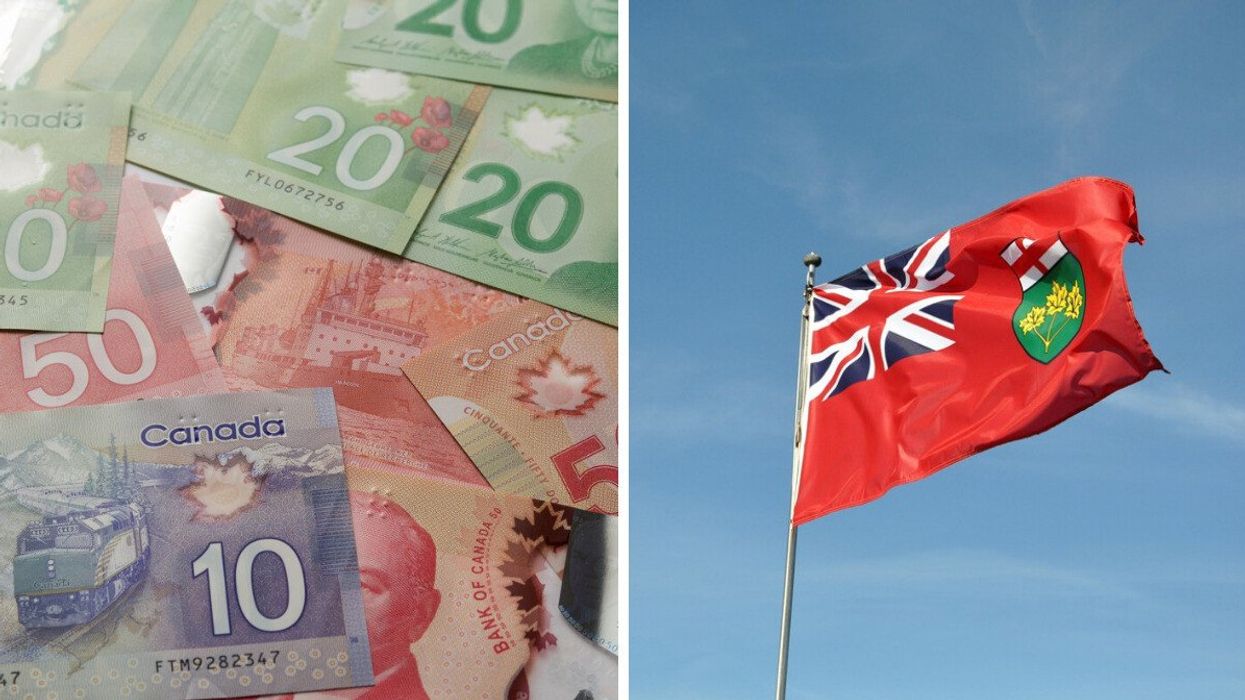Canadian money. Right: the Ontario flag (illustrative).