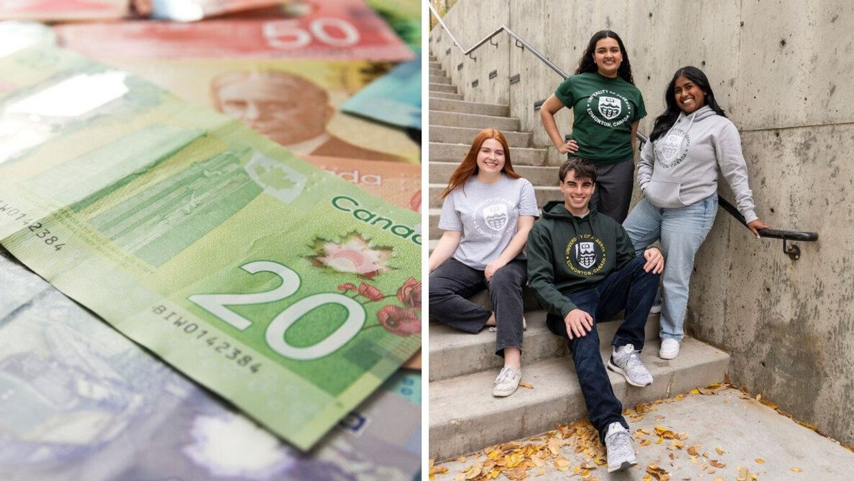 Canadian money. Right: University of Alberta students.