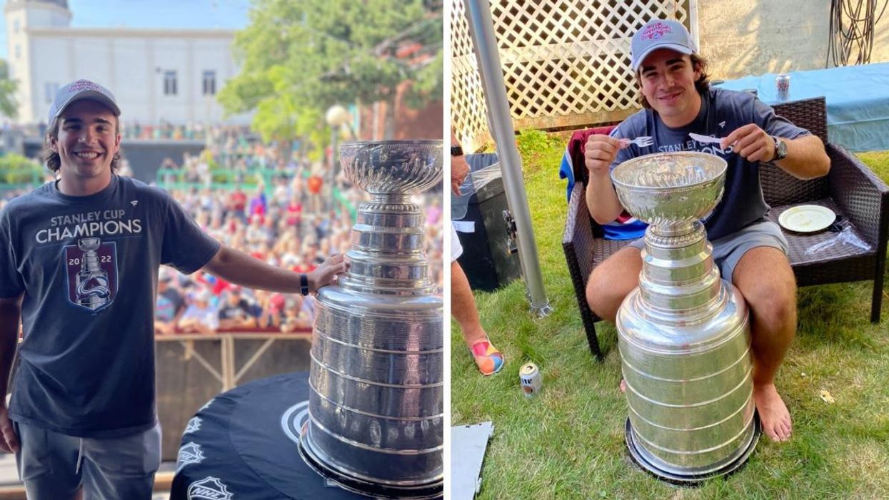 Canadian NHL player Alex Newhook with the Stanley Cup in St. John's. Right: Newhook eating fish and chips out of the Stanley Cup.