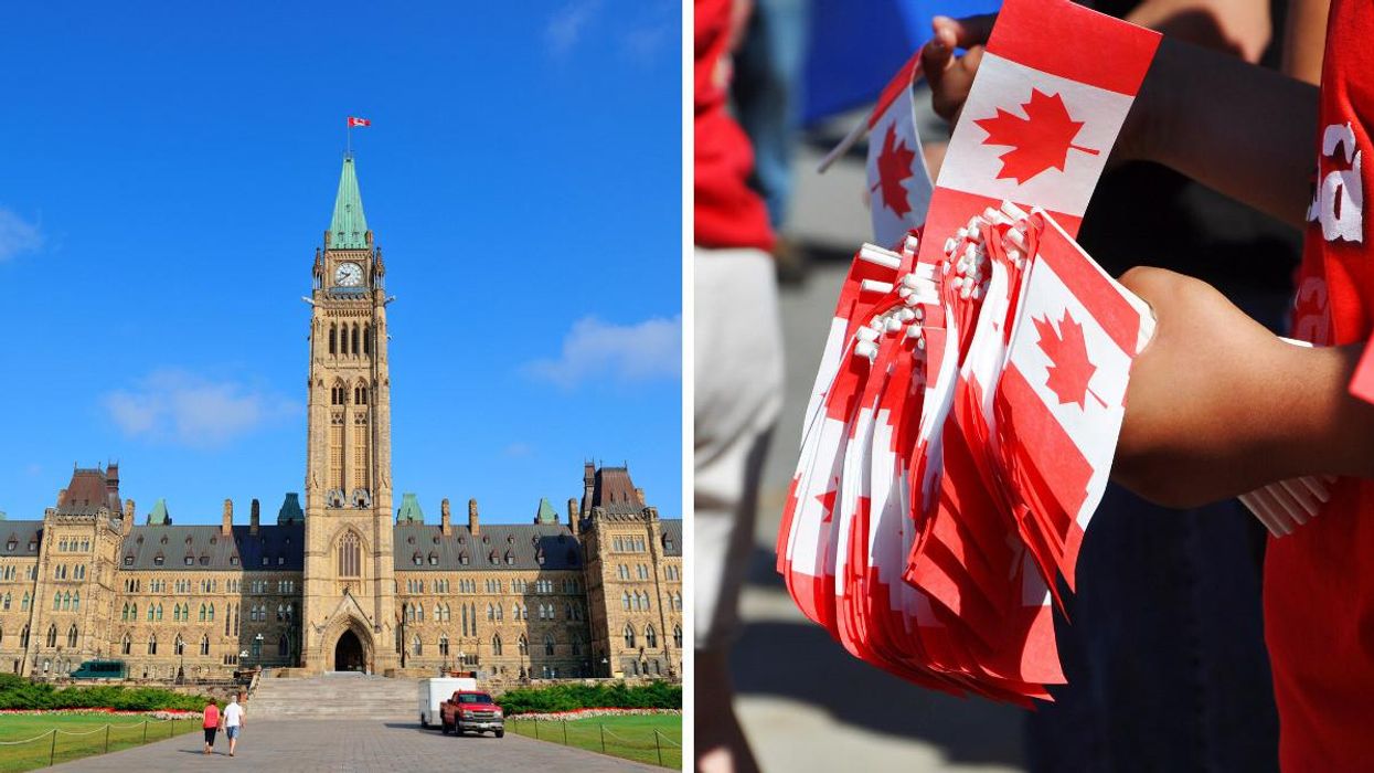 Canadian Parliament. Right: A person holding dozens of small paper Canadian flags.