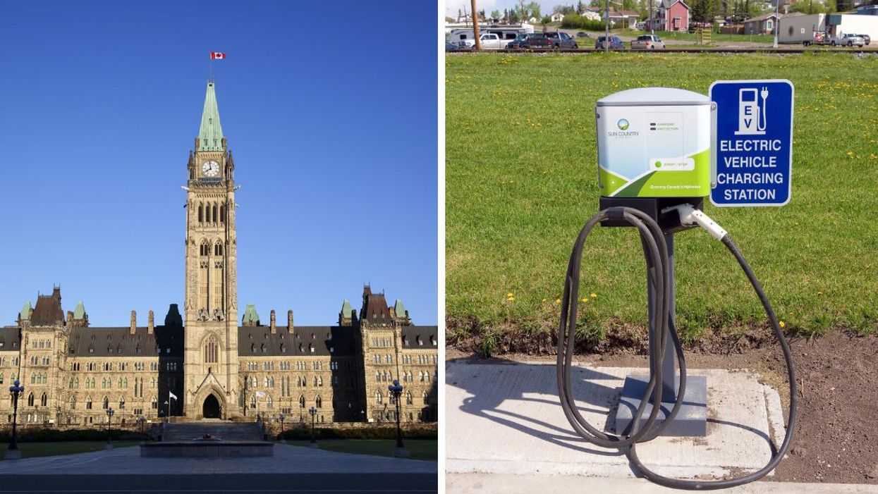 Canadian Parliament. Right: An electric vehicle charging station.
