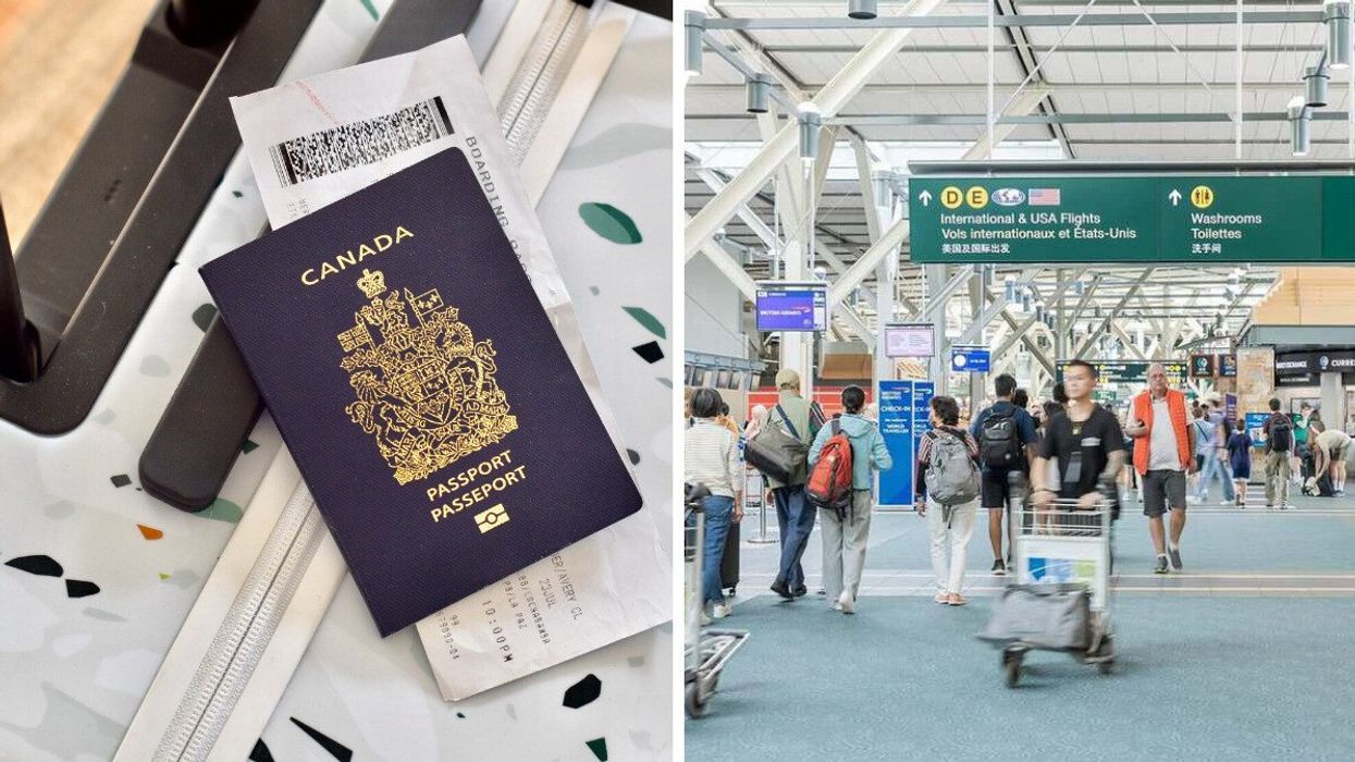 Canadian passport and boarding pass on a suitcase. Right: busy departures terminal at Vancouver airport.
