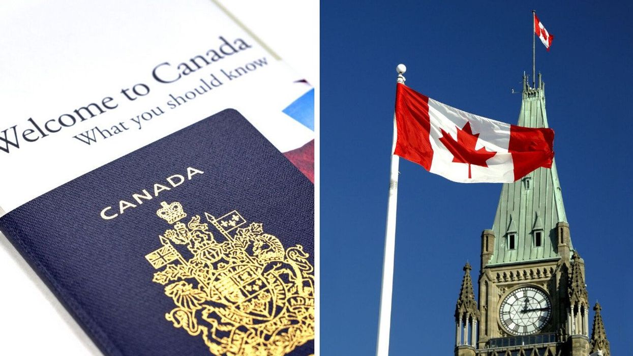 Canadian passport and immigration brochure. Right: Canadian flag and Peace Tower.