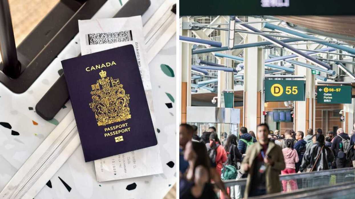 Canadian passport and luggage. Right: Busy Canadian airport terminal.