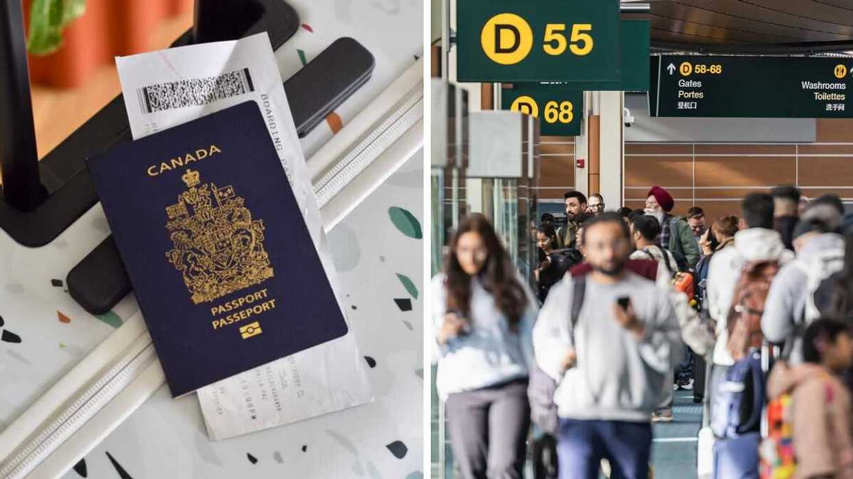 Canadian passport and suitcase. Right: Travellers at Vancouver Airport.