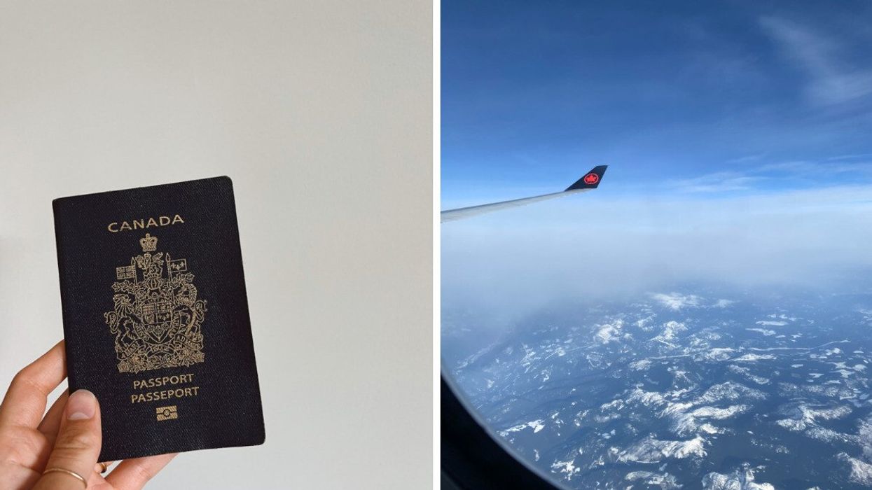 Canadian passport. Right: View from an Air Canada plane window.