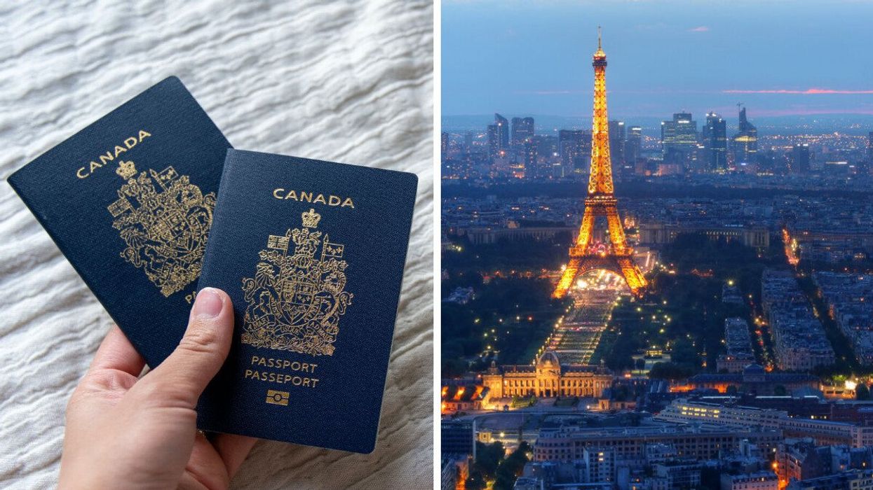 Canadian passports. Right: The Eiffel Tower in France.