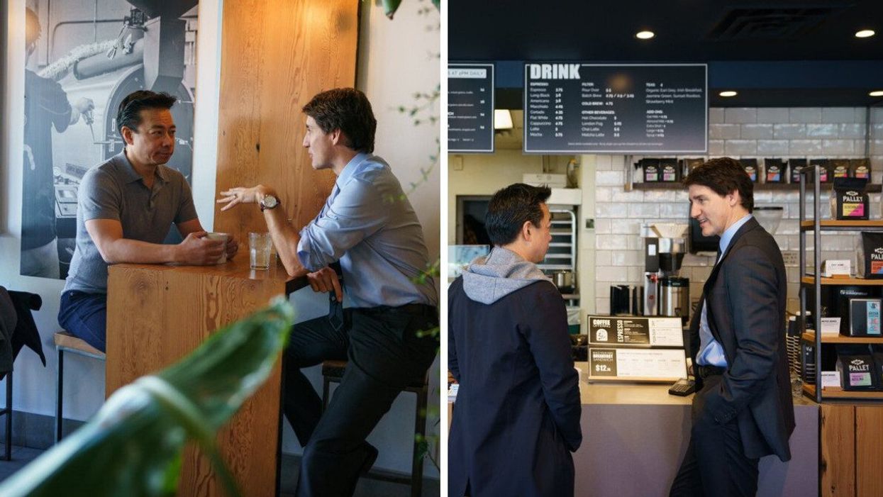 Canadian Prime Minister Justin Trudeau and Vancouver Mayor Ken Sim at Pallet Coffee Roasters in Vancouver.