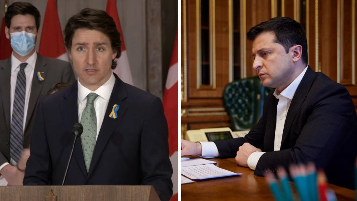 Canadian Prime Minister Justin Trudeau. Right: Ukrainian President Volodymyr Zelenskyy.