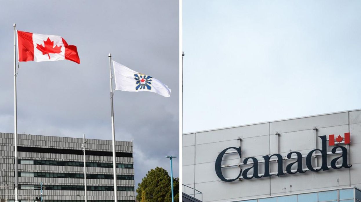 Canadian Security Intelligence Service and Canadian flag outside the CSIS office. Right: Government of Canada sign.