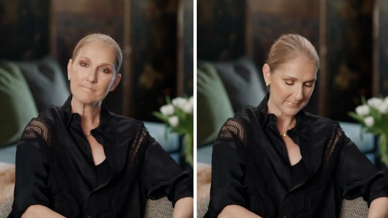 Canadian Singer Celine Dion sitting on a couch wearing all black, talking about her health in an Instagram video.