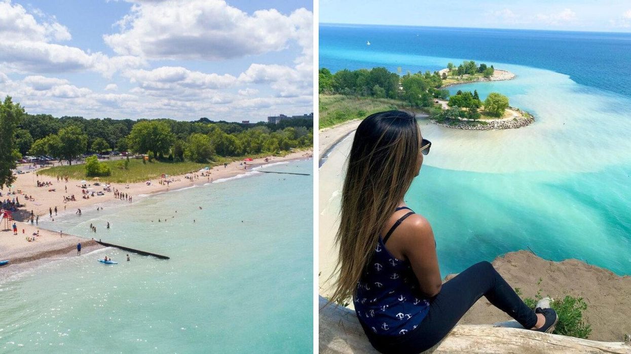 Canatara Beach in Ontario. Right: A woman looks out over Bluffer's Park in Toronto.