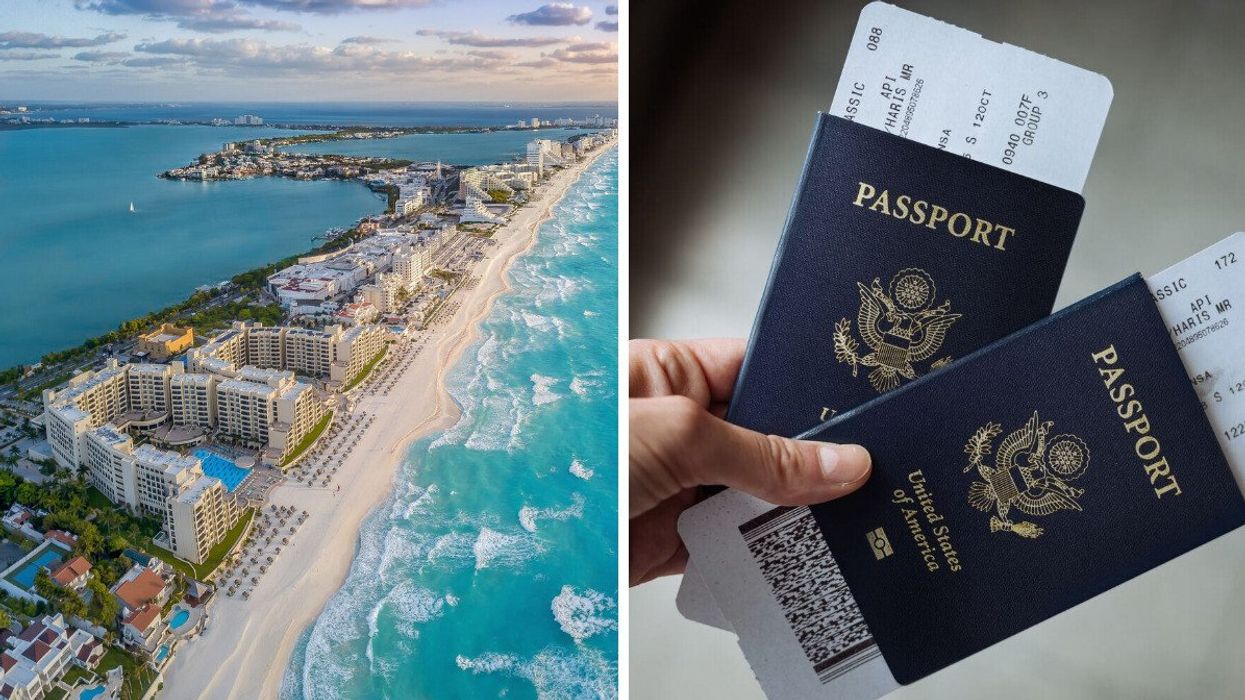Cancun, Mexico. Right: U.S. passports and boarding passes.