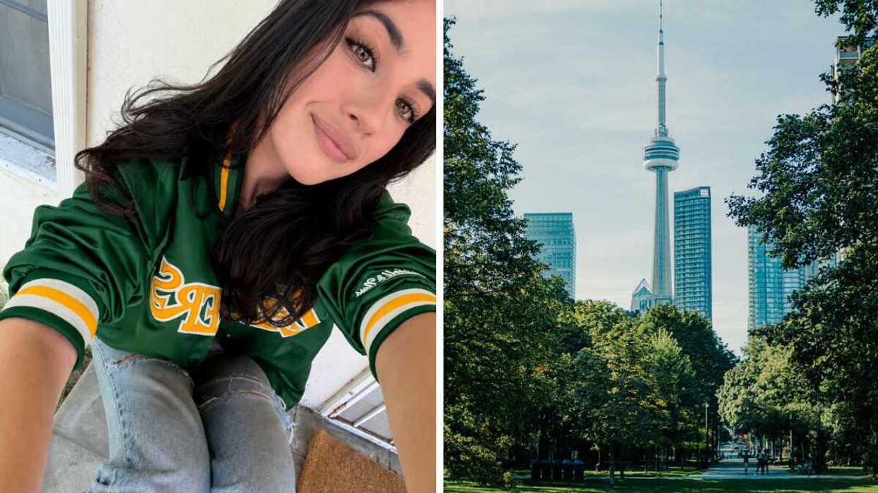 Candian girl in green varsity jacket and blue jeans takes selfie smiling. Right: A picturesque view of the CN Tower framed by trees in a city park, showcasing Toronto's skyline.