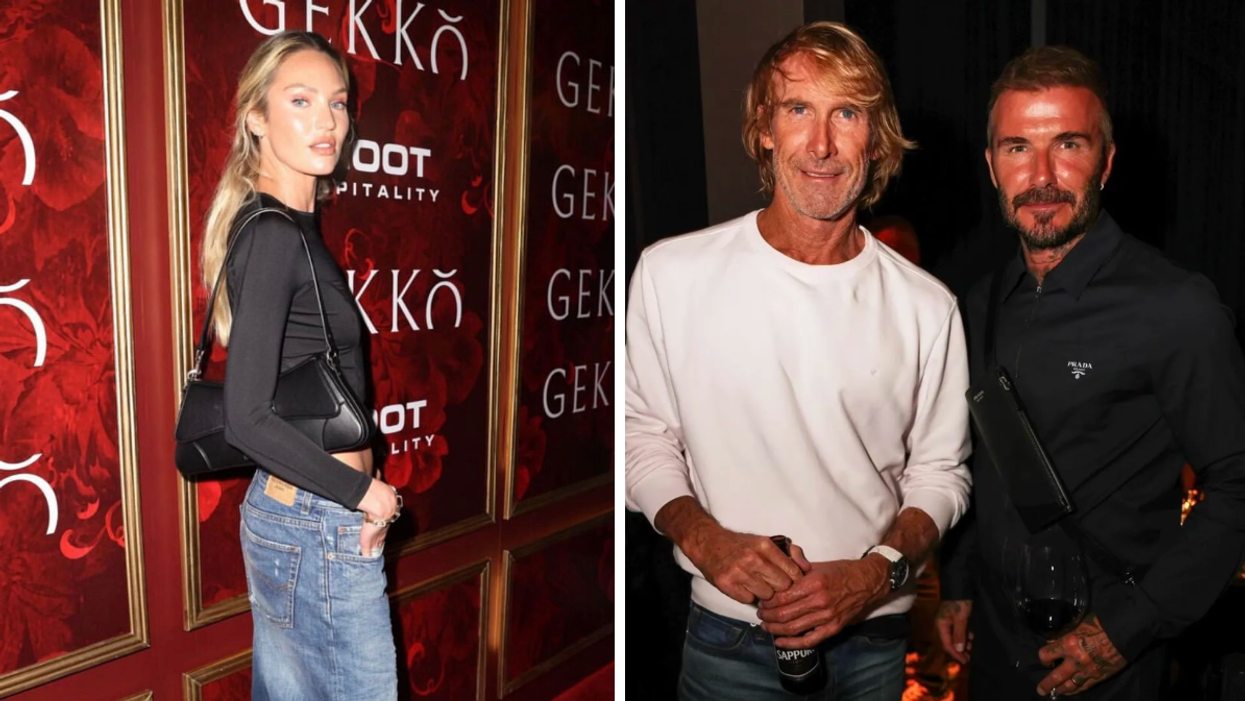 Candice Swanepoel at the Gekko Miami opening. Right: Michael Bay and David Beckham at the Gekko Miami opening.
