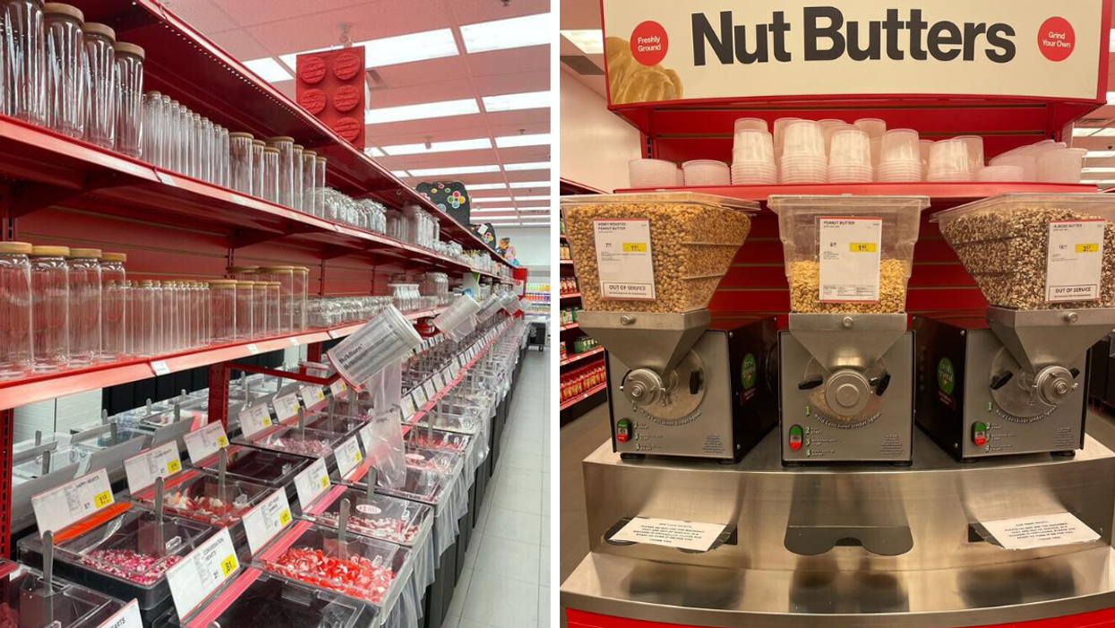 Candy and jars inside a Bulk Barn store. Right: Nut butters at Bulk Barn.