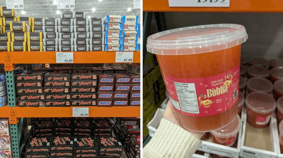 Candy boxes on shelves; person holding a tub of peach flavored popping boba.