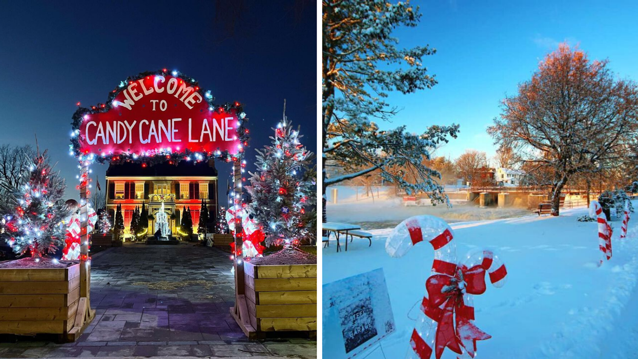 Candy Cane Lane entrance with Christmas lights. Right: Winter trail with candy canes on the water.