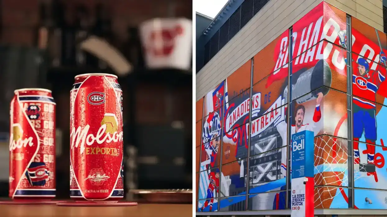 Canettes Molson Export édition Canadiens de Montréal. Droite: Murale des Canadiens de Montréal sur le Centre Bell.