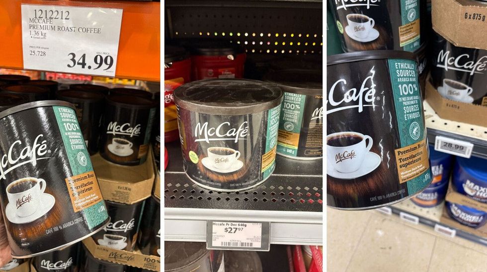 canister of mccafe coffee at costco. centre: canister of mccafe coffee on shelf at walmart. right: canister of mccafe coffee at loblaws